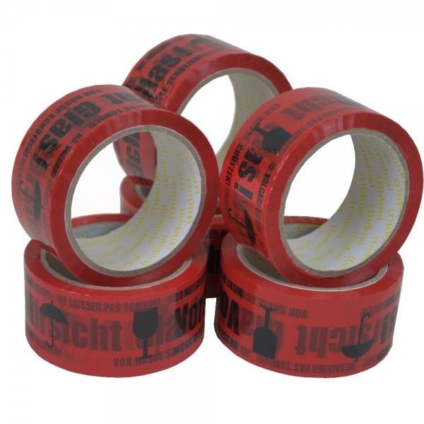 6 Rollen Packband Klebeband Vorsicht Glas Rot Paketband 48 mm x 66 m